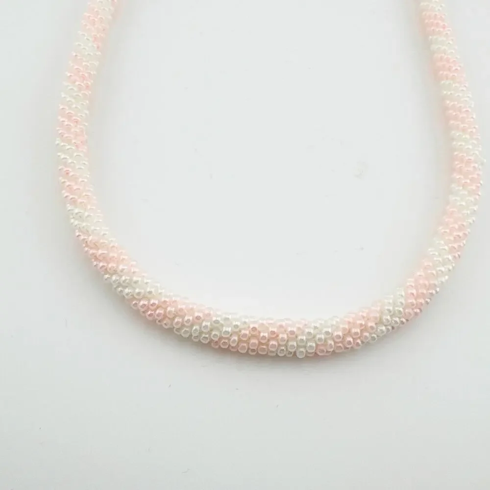 Vintage Pink White‎ Beaded Rope Necklace Gold Tone Filigree Clasp Handmade